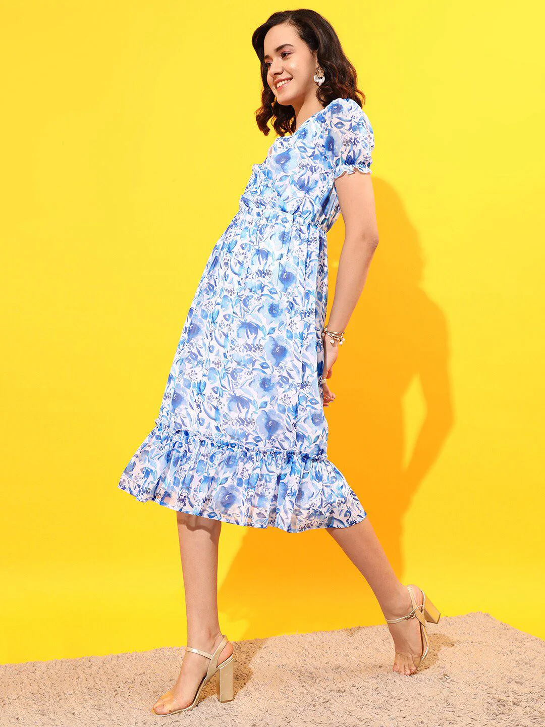 STREET 9 Floral Printed V Neck Puff Sleeves Dress - Image 3