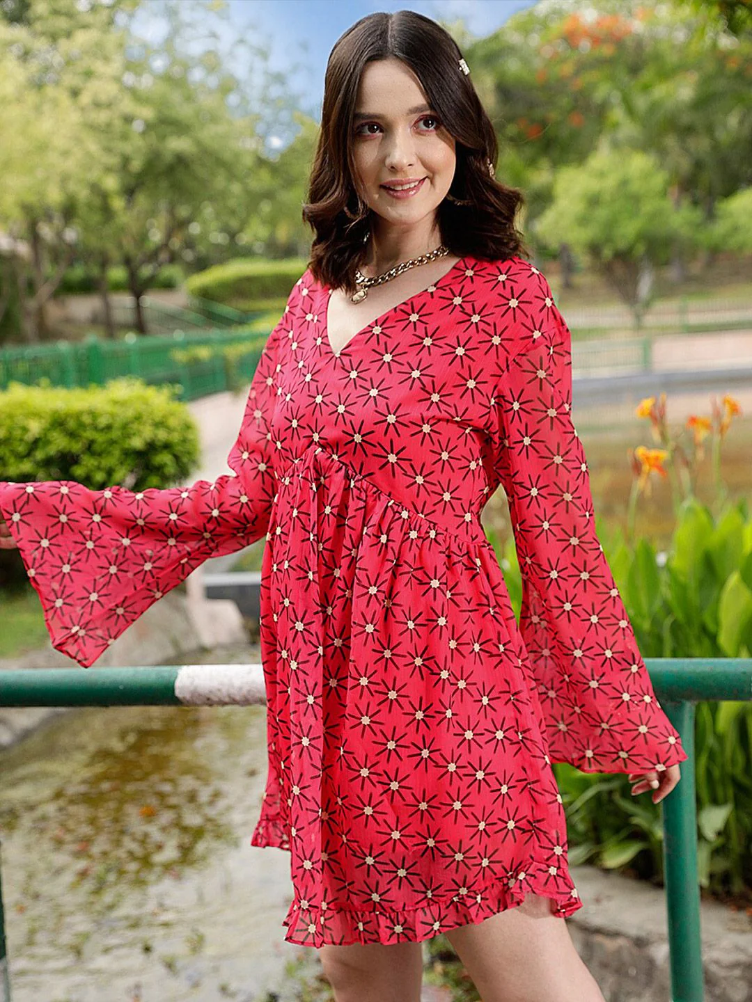 STREET 9 Fuchsia Floral Print Bell Sleeves Fit & Flare Mini Dress - Image 3