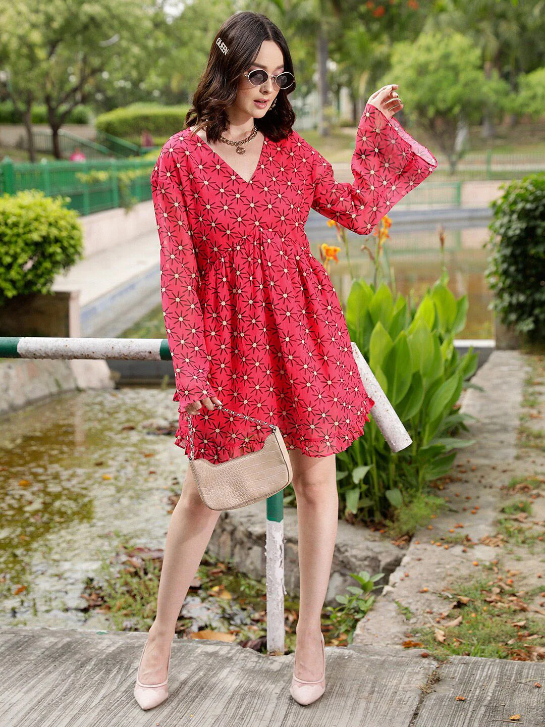 STREET 9 Fuchsia Floral Print Bell Sleeves Fit & Flare Mini Dress - Image 4