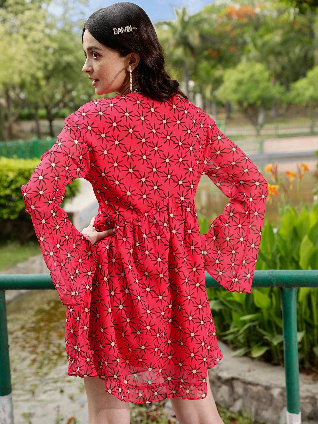 STREET 9 Fuchsia Floral Print Bell Sleeves Fit & Flare Mini Dress - Image 5