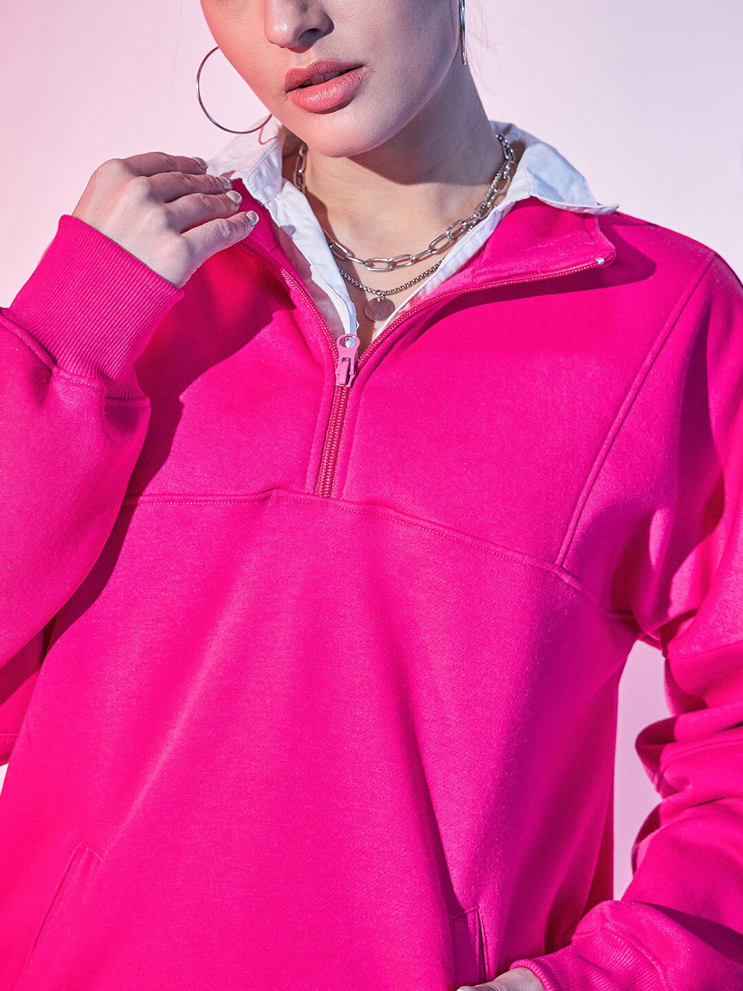 STREET 9 Fuchsia Typography Printed Mock Collar Pullover Fleece Sweatshirt - Image 2