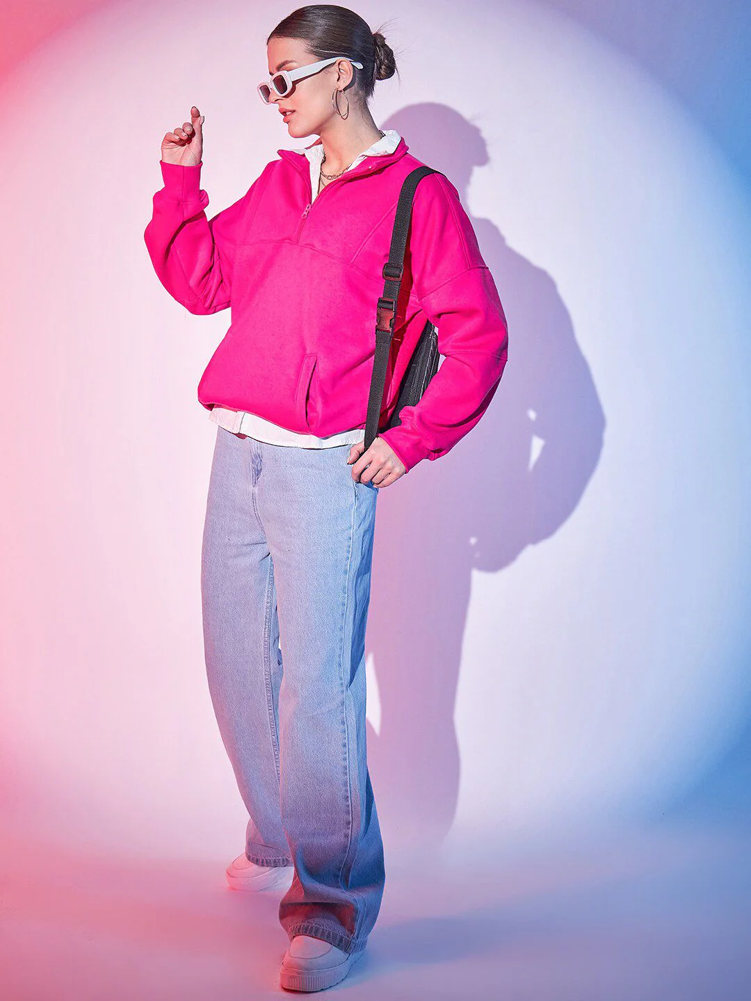 STREET 9 Fuchsia Typography Printed Mock Collar Pullover Fleece Sweatshirt - Image 4