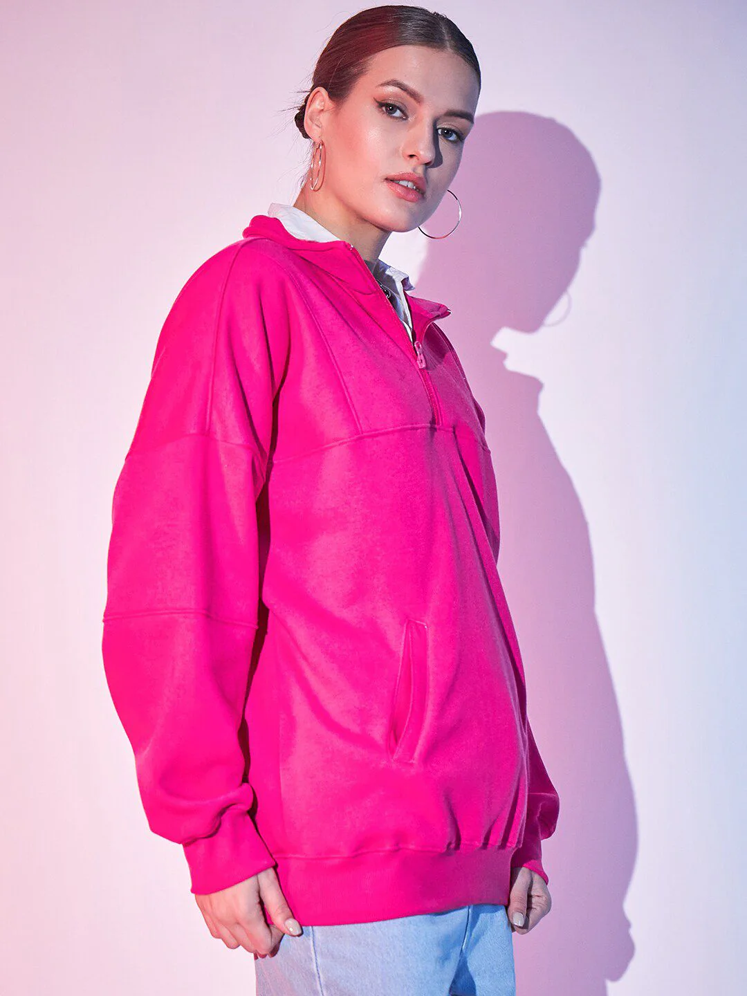 STREET 9 Fuchsia Typography Printed Mock Collar Pullover Fleece Sweatshirt - Image 5