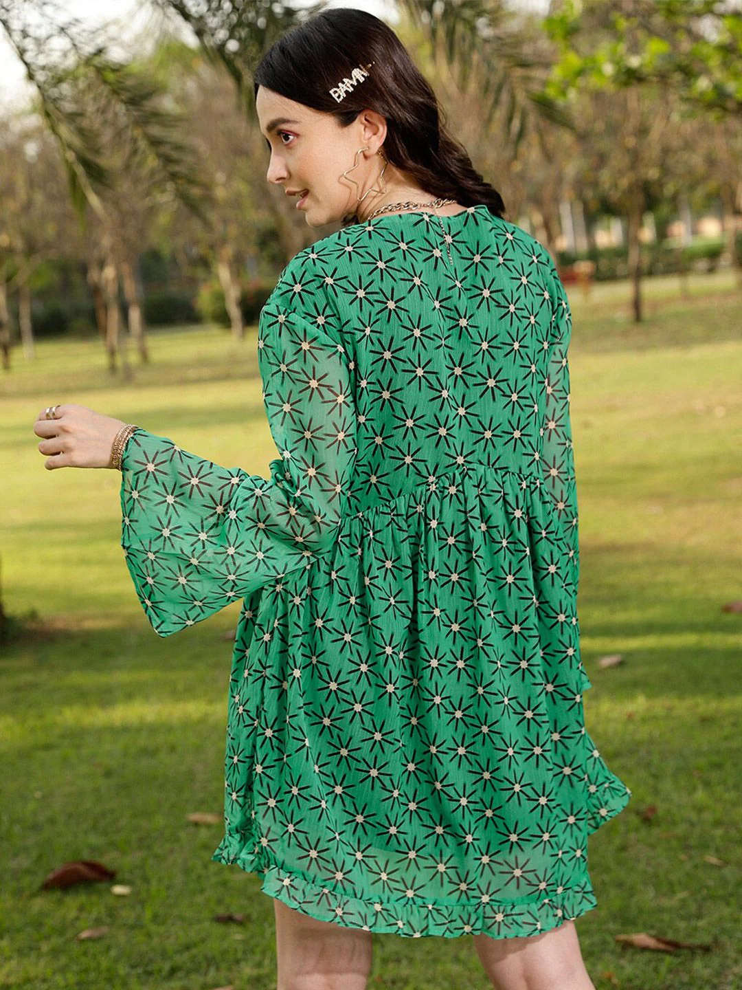 STREET 9 Green & Black Floral Printed A-Line Dress - Image 5