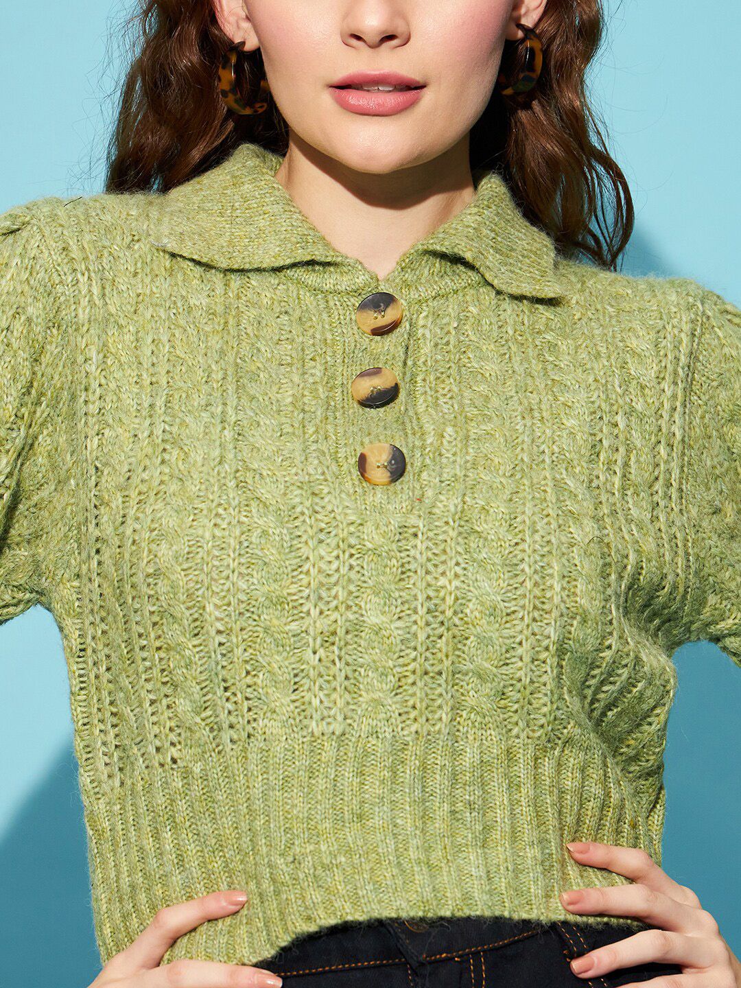 STREET 9 Green Cable Knit Spread Collar Acrylic Crop Pullover Sweater - Image 2