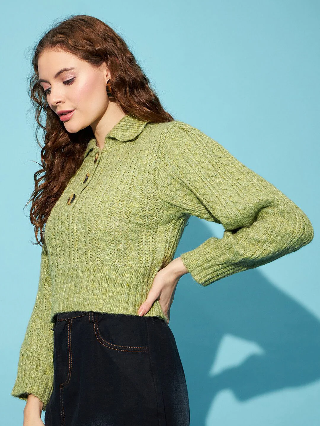 STREET 9 Green Cable Knit Spread Collar Acrylic Crop Pullover Sweater - Image 3