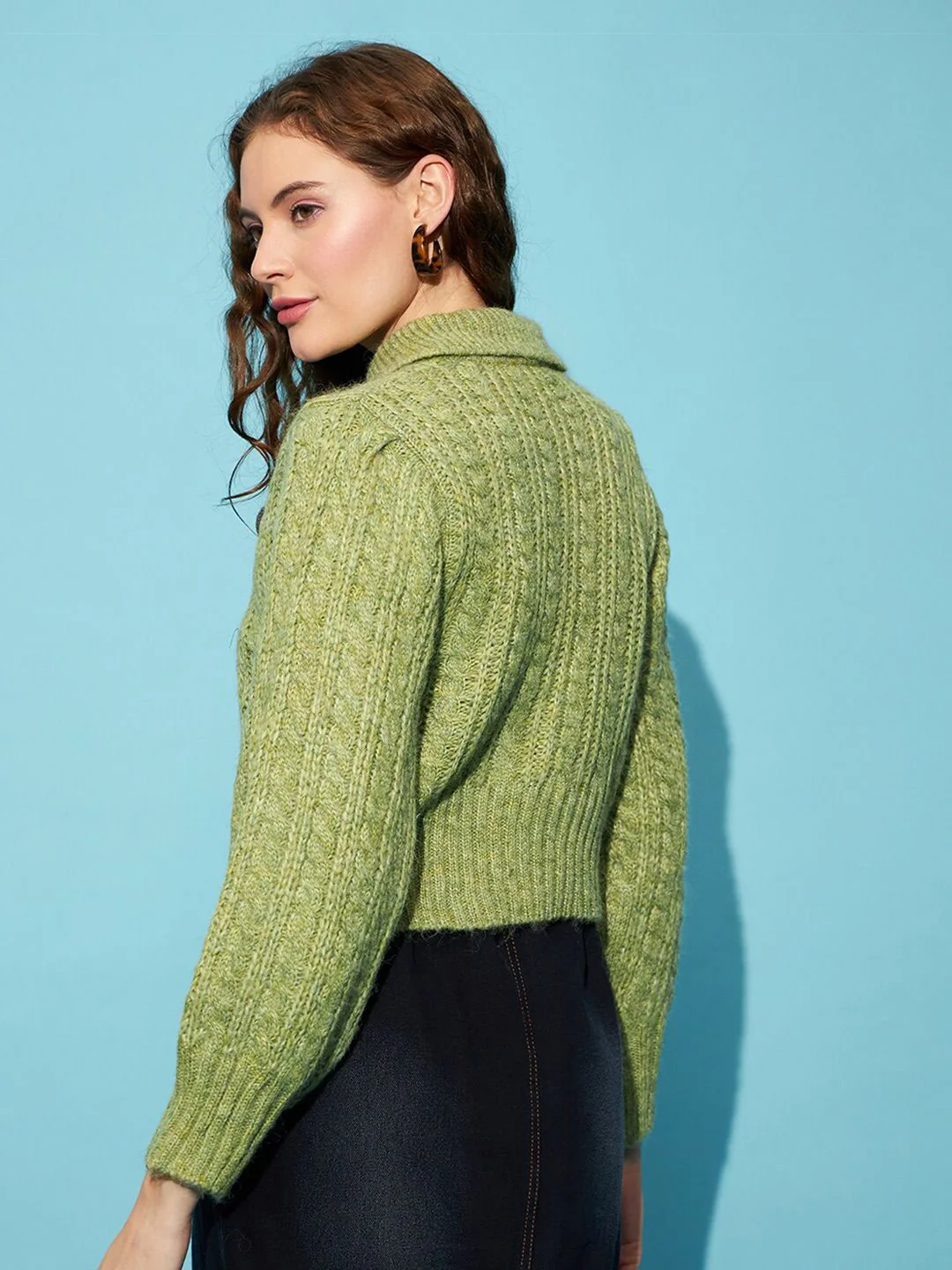 STREET 9 Green Cable Knit Spread Collar Acrylic Crop Pullover Sweater - Image 5