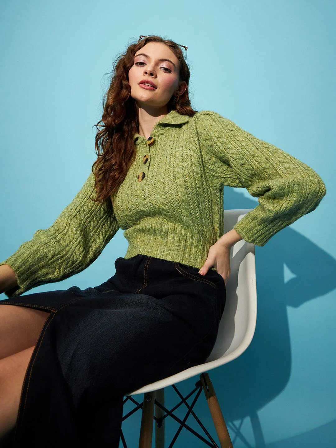 STREET 9 Green Cable Knit Spread Collar Acrylic Crop Pullover Sweater - Image 6