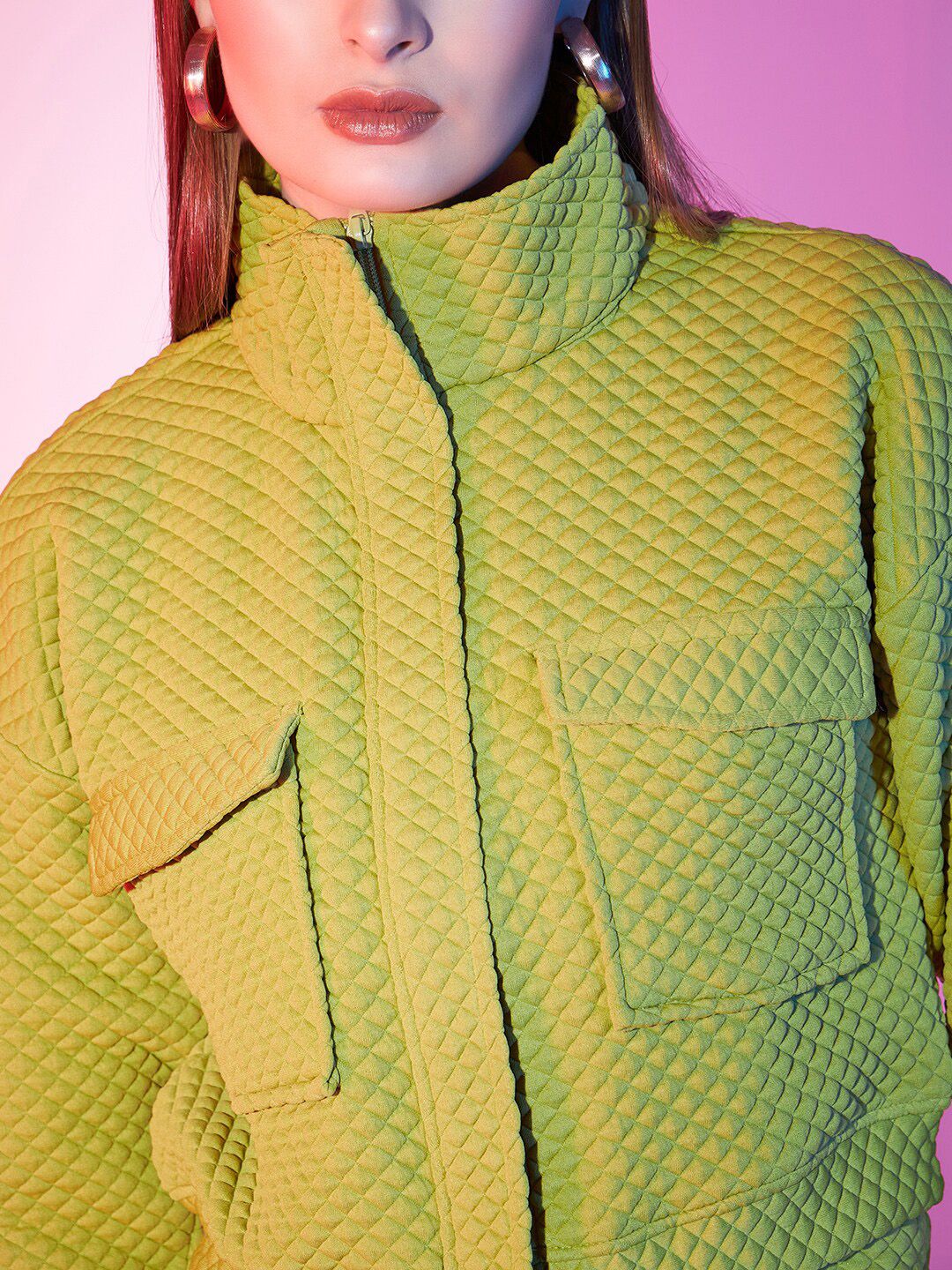 STREET 9 Green Self Design Crop Bomber Jacket - Image 2