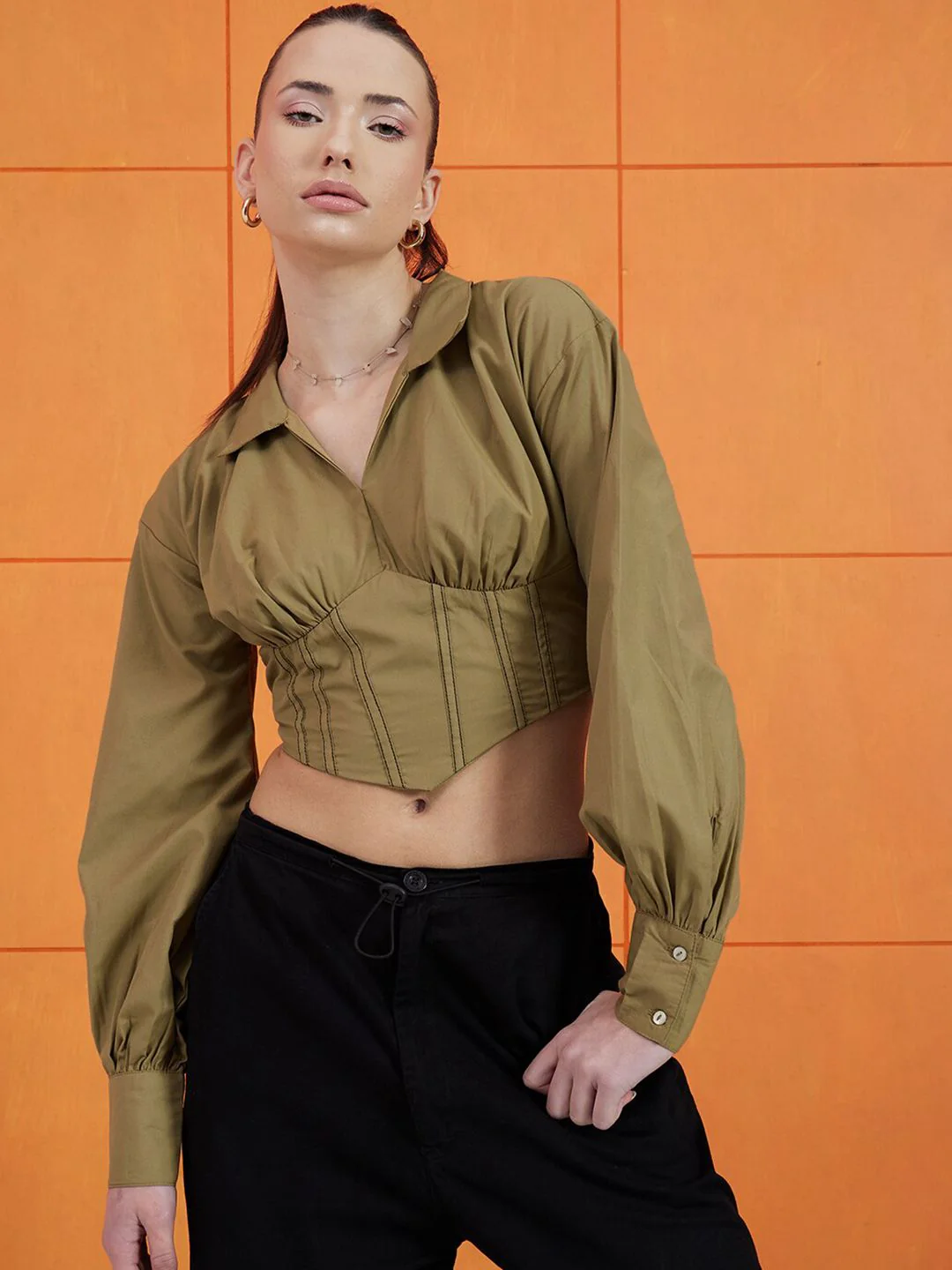 STREET 9 Green Shirt Collar Cuffed Sleeves Pure Cotton Crop Corset Top - Image 2