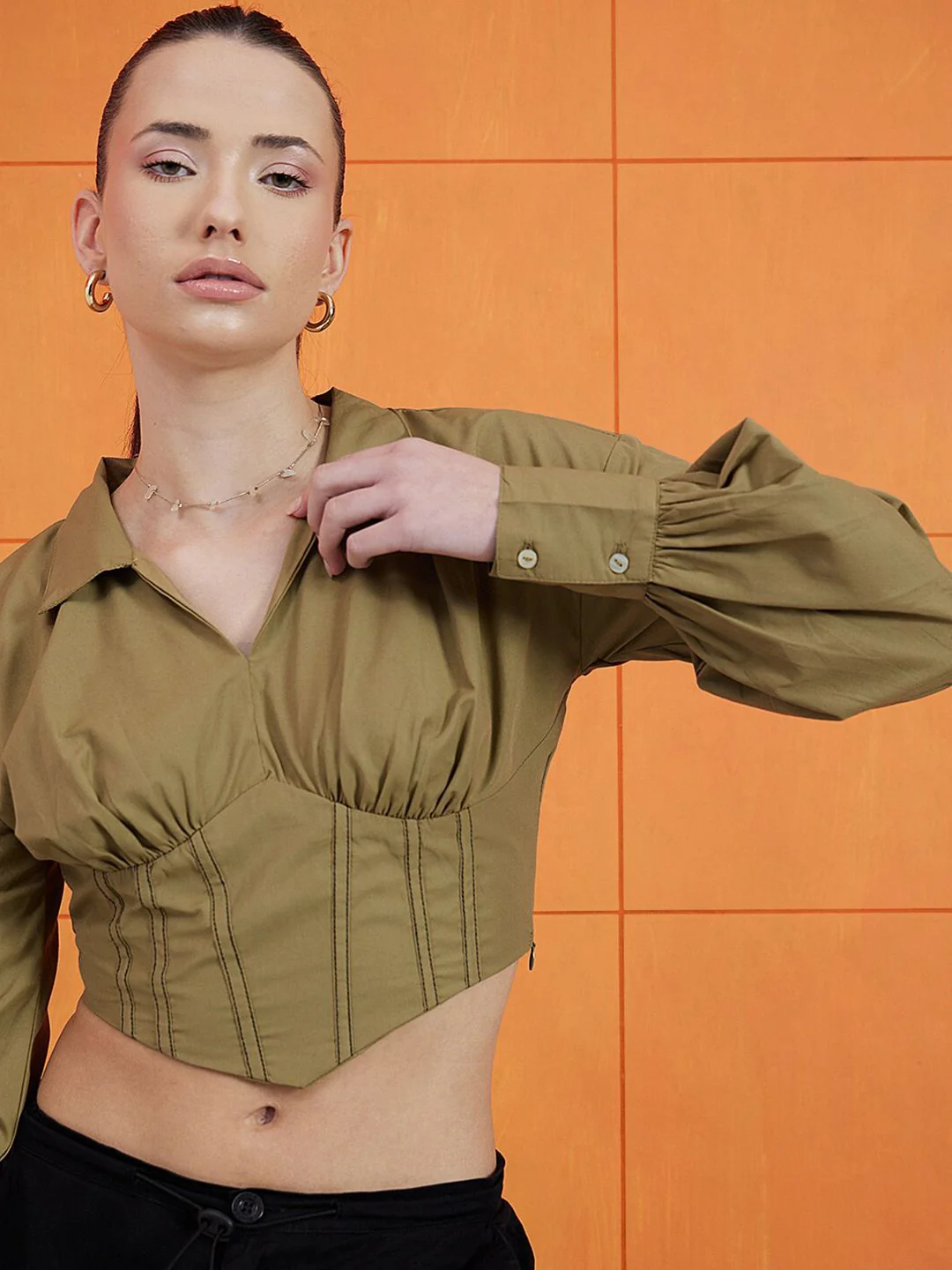 STREET 9 Green Shirt Collar Cuffed Sleeves Pure Cotton Crop Corset Top - Image 3