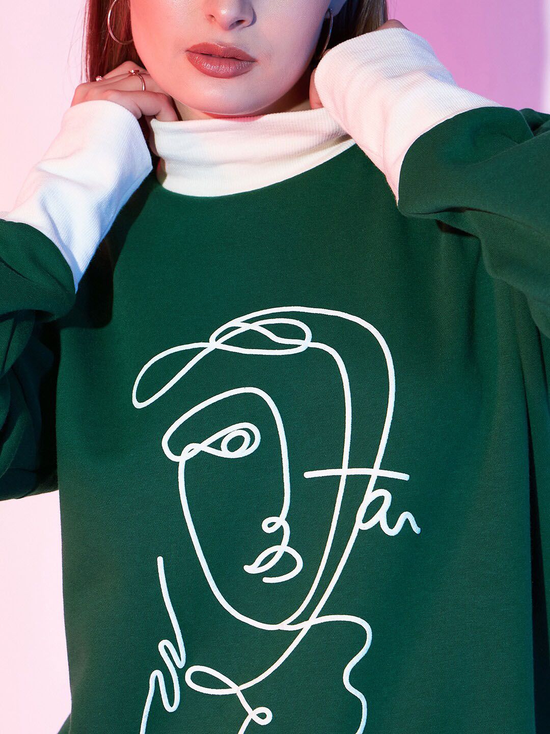 STREET 9 Green & White Graphic Printed Fleece Pullover Sweatshirt - Image 2
