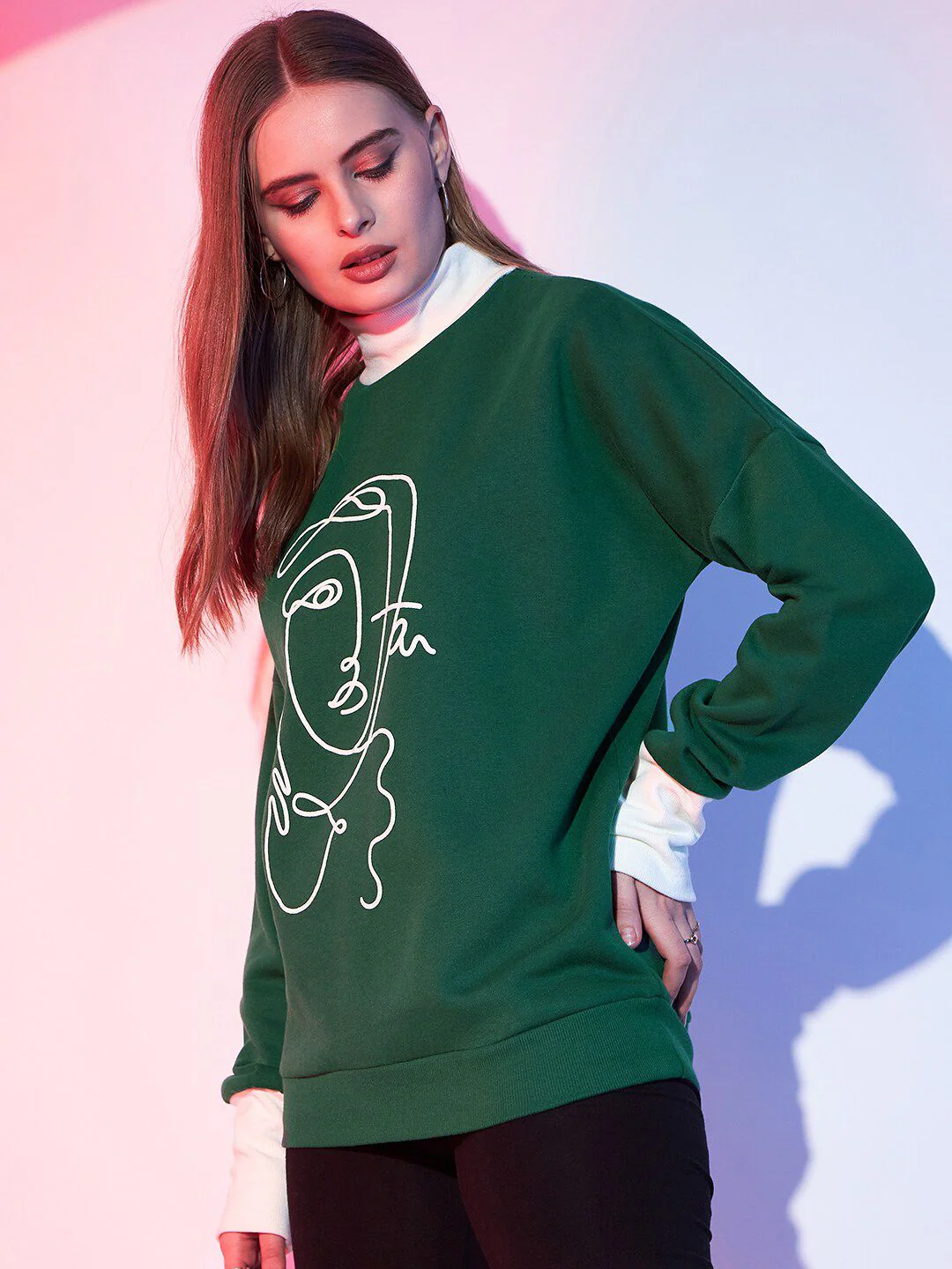 STREET 9 Green & White Graphic Printed Fleece Pullover Sweatshirt - Image 3