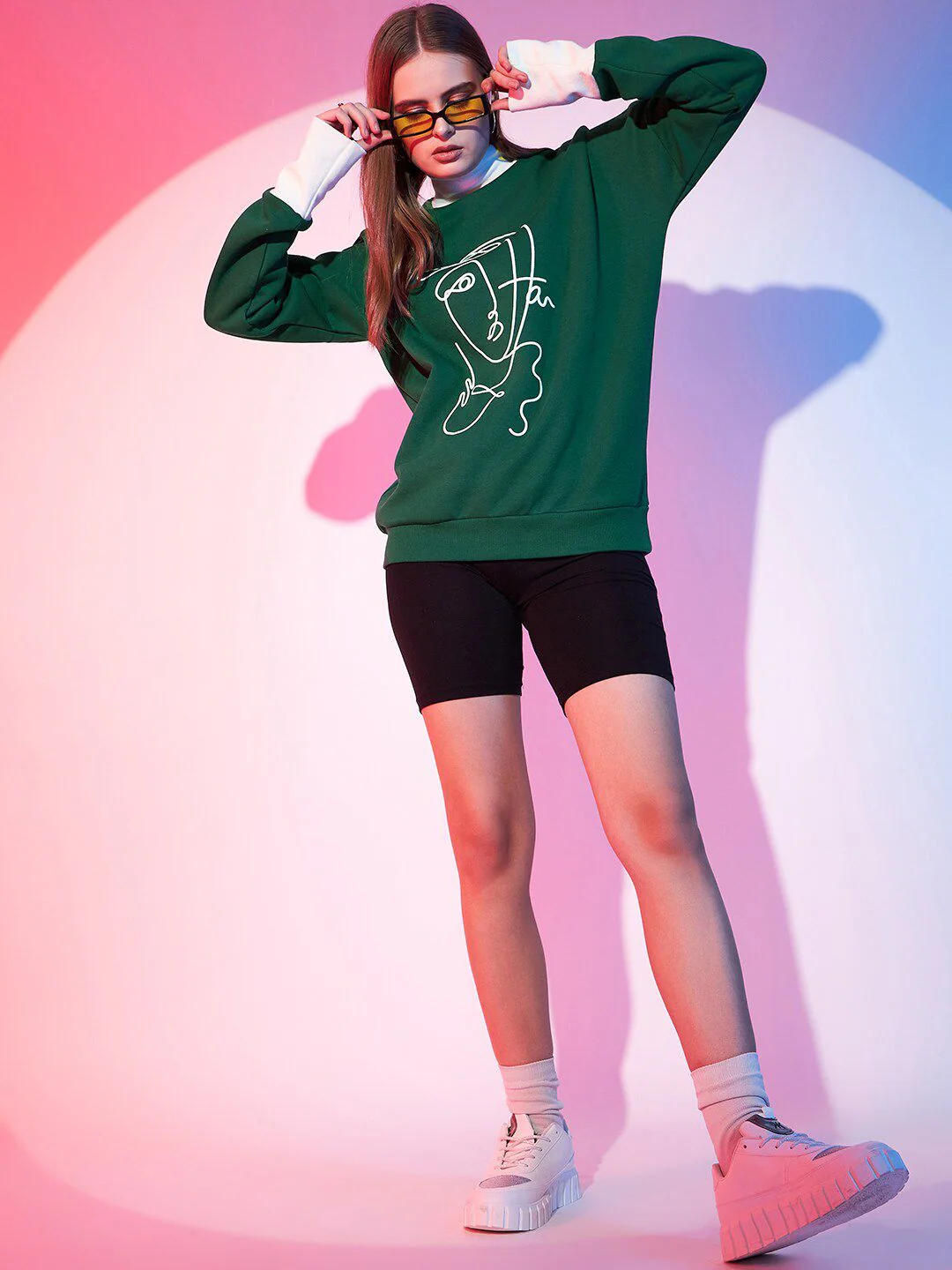 STREET 9 Green & White Graphic Printed Fleece Pullover Sweatshirt - Image 4
