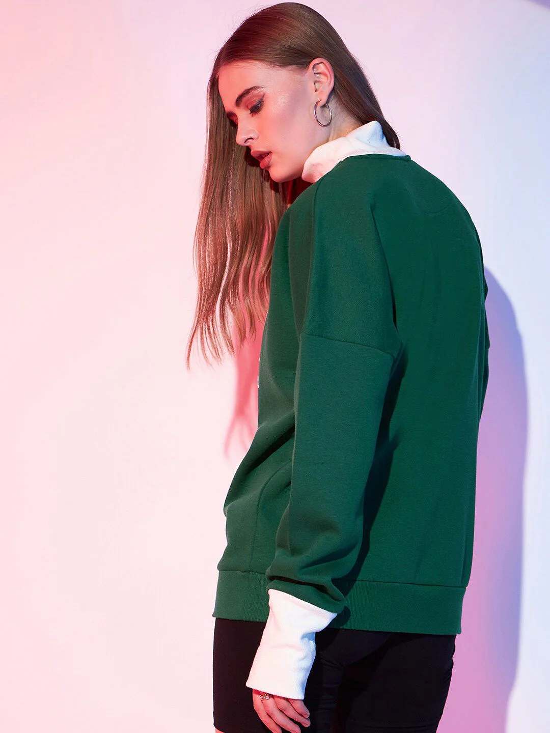 STREET 9 Green & White Graphic Printed Fleece Pullover Sweatshirt - Image 5