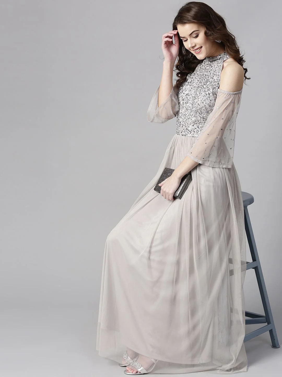 STREET 9 Grey Maxi Dress with Sequinned Detail