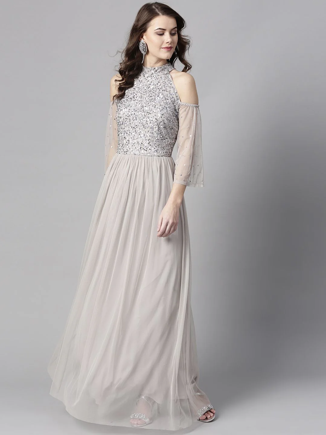 STREET 9 Grey Maxi Dress with Sequinned Detail - Image 3