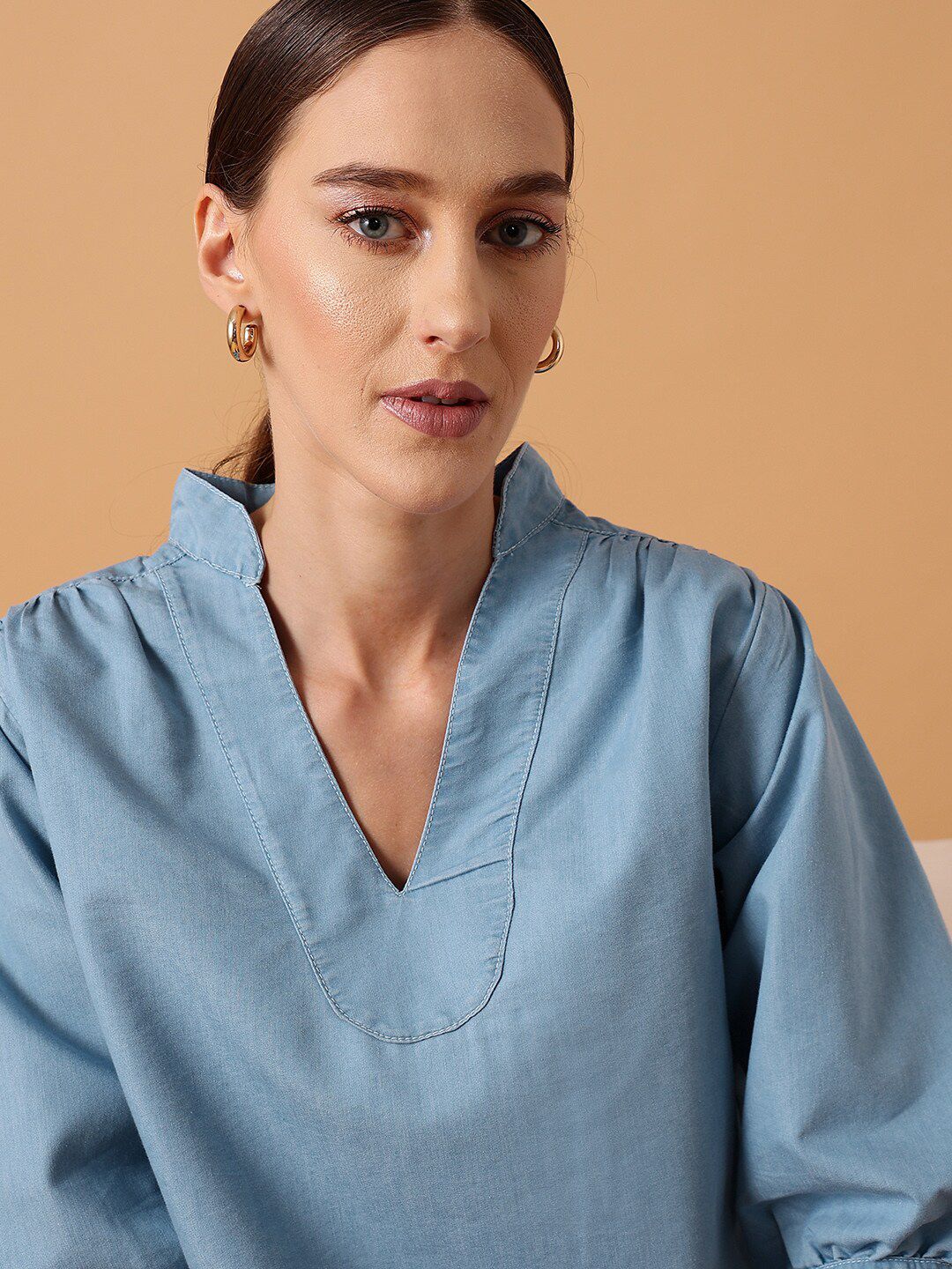 STREET 9 Mandarin Collar Pure Cotton Denim Regular Top - Image 2
