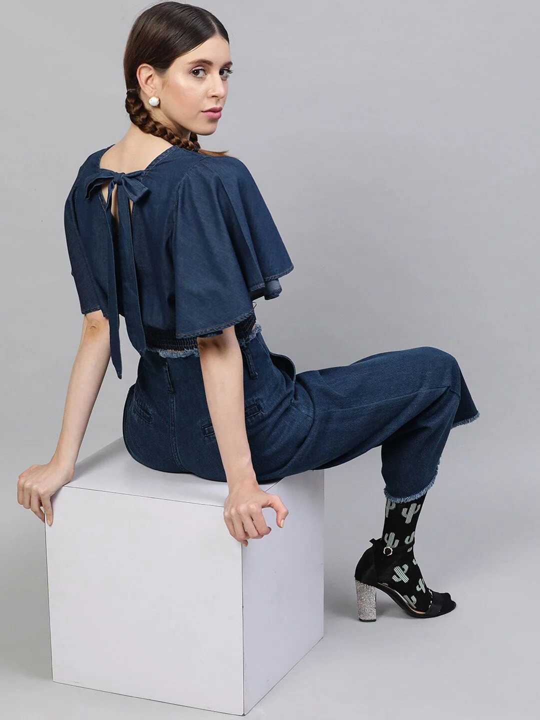STREET 9 Navy Blue Flared Sleeves Indigo Pure Cotton Denim Smocked Styled Back Crop Top - Image 4