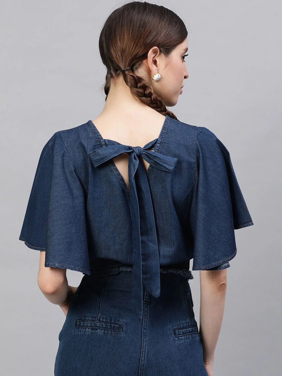 STREET 9 Navy Blue Flared Sleeves Indigo Pure Cotton Denim Smocked Styled Back Crop Top - Image 5