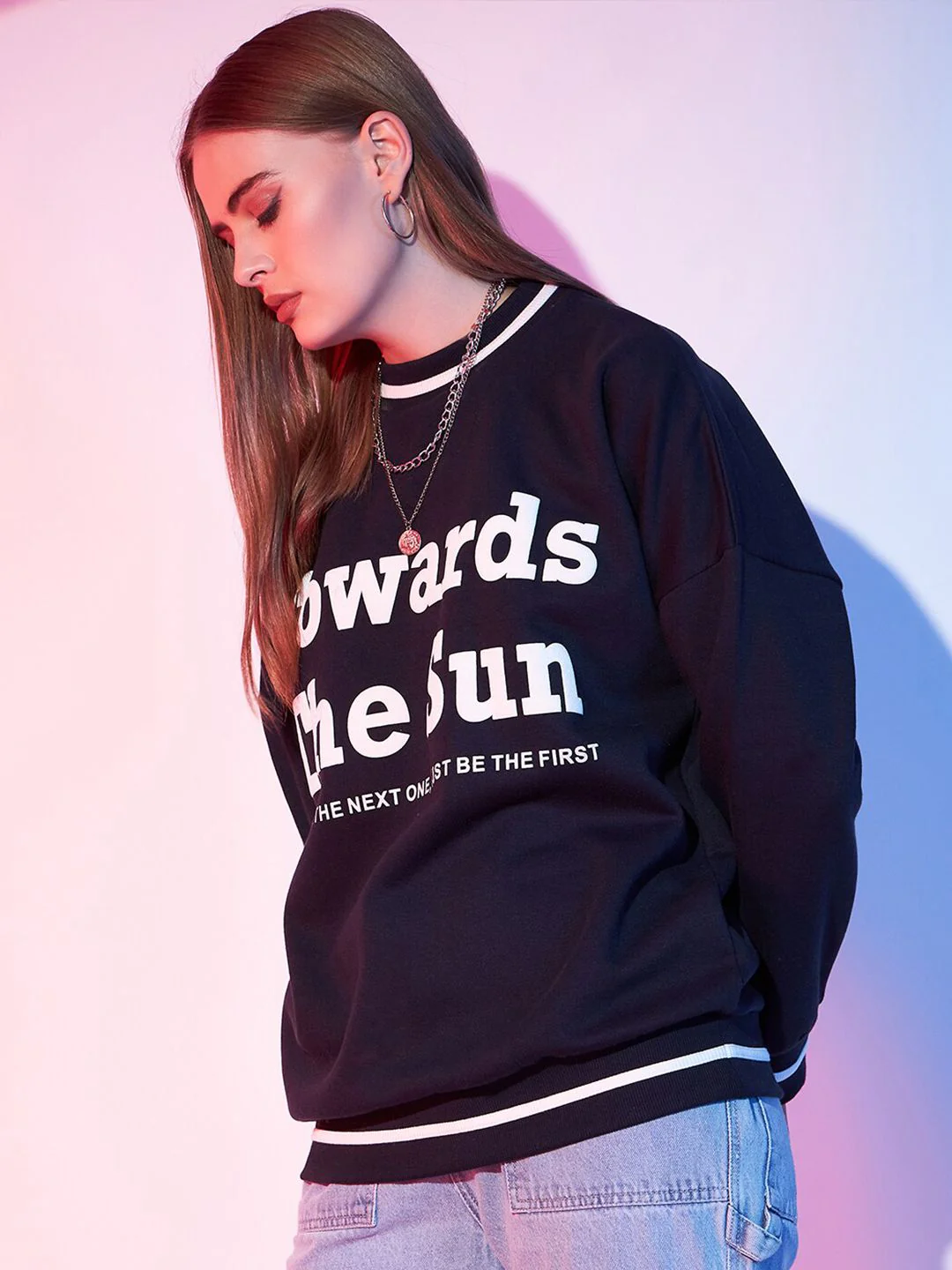 STREET 9 Navy Blue Typography Printed Drop Shoulder Pullover Fleece Sweatshirt - Image 3