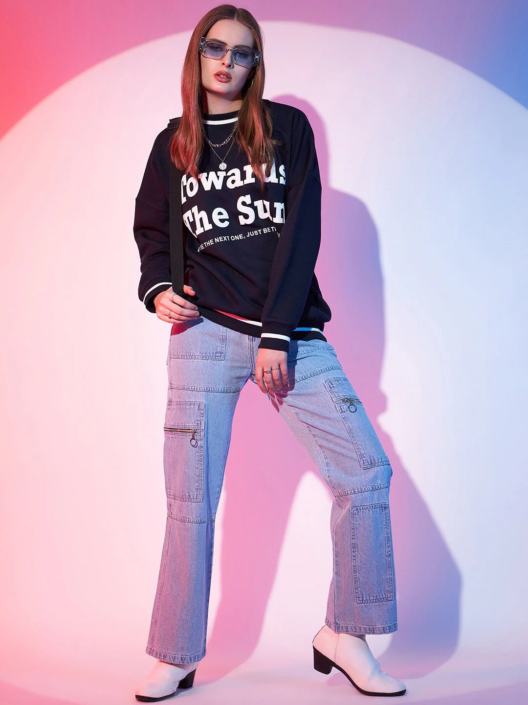 STREET 9 Navy Blue Typography Printed Drop Shoulder Pullover Fleece Sweatshirt - Image 4
