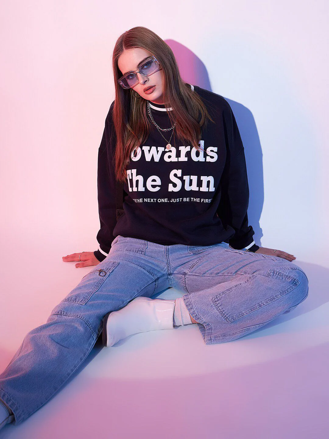 STREET 9 Navy Blue Typography Printed Drop Shoulder Pullover Fleece Sweatshirt - Image 7