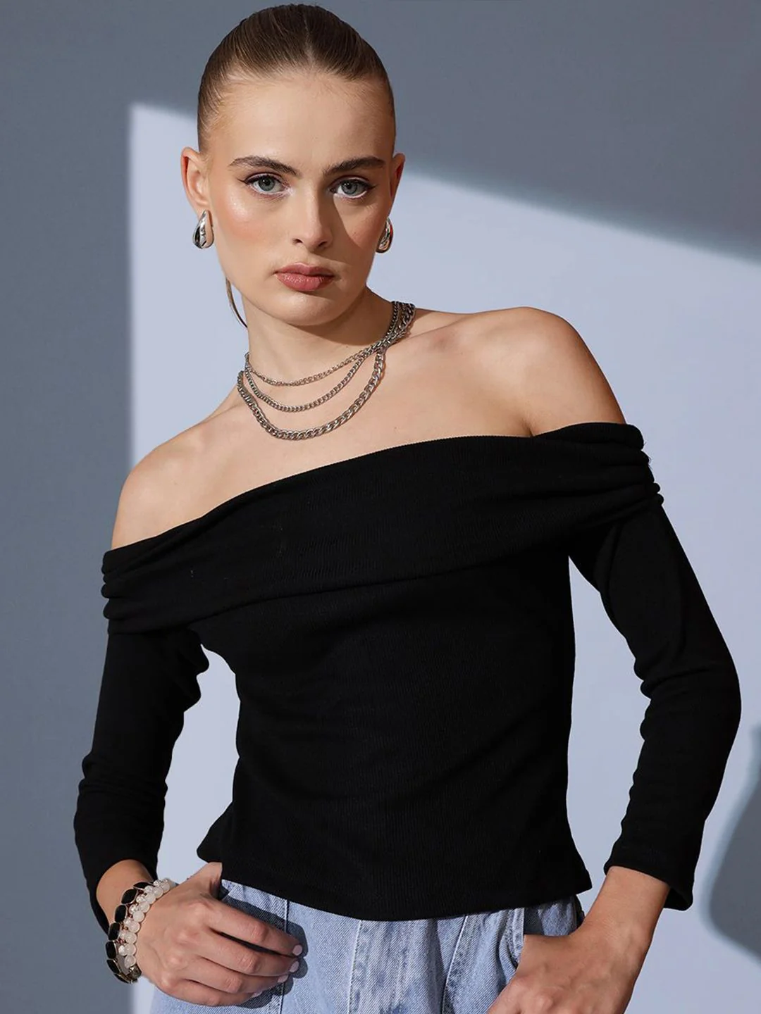 STREET 9 Off-Shoulder Solid Pure Cotton Bardot Top - Image 2