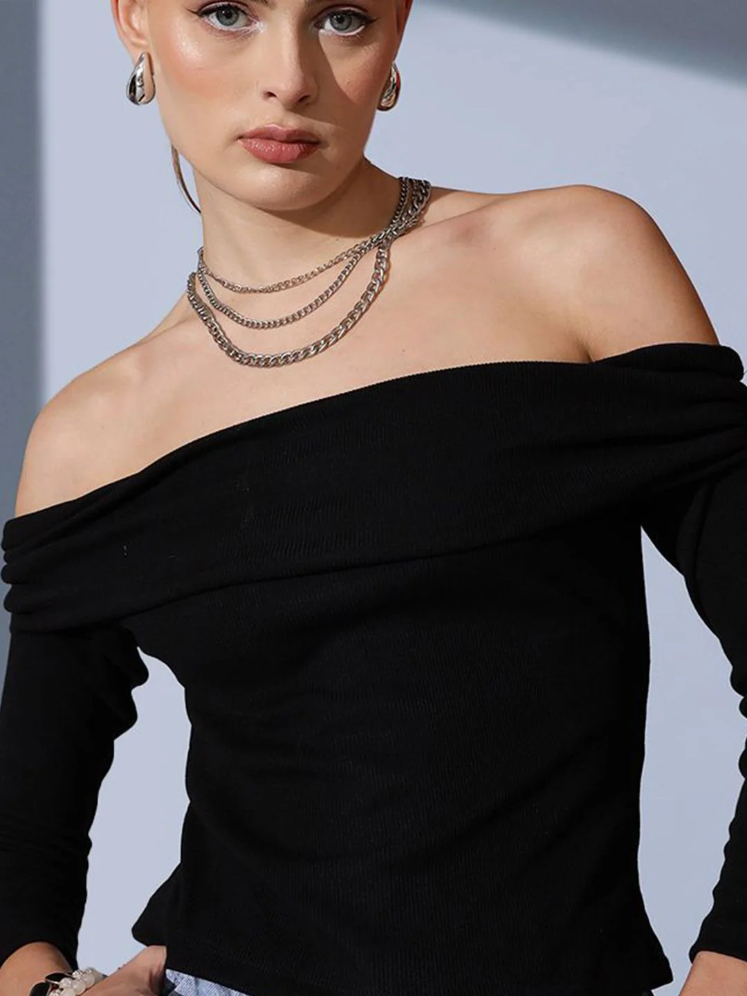 STREET 9 Off-Shoulder Solid Pure Cotton Bardot Top - Image 3