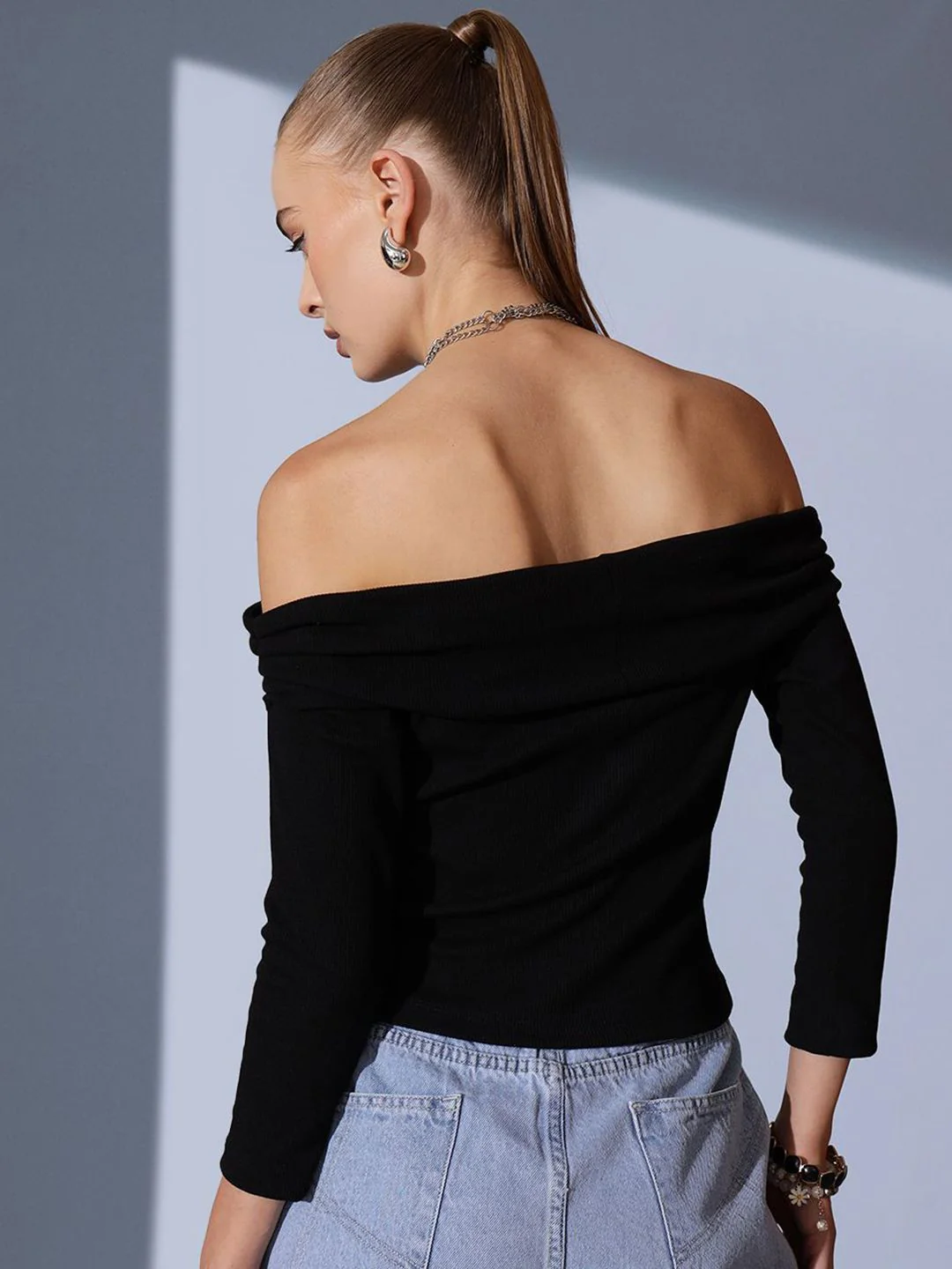 STREET 9 Off-Shoulder Solid Pure Cotton Bardot Top - Image 4