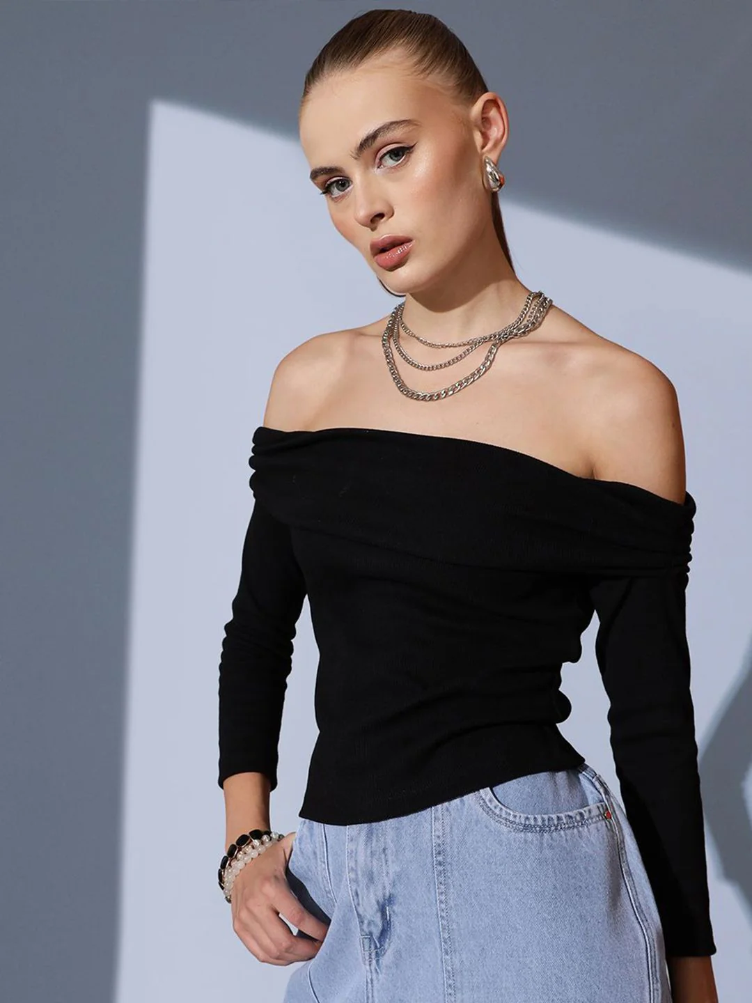 STREET 9 Off-Shoulder Solid Pure Cotton Bardot Top - Image 5