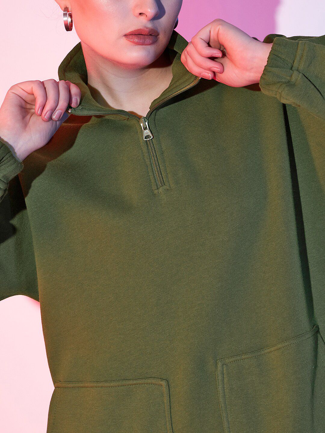 STREET 9 Olive Green Mock Collar Fleece Sweatshirt - Image 2