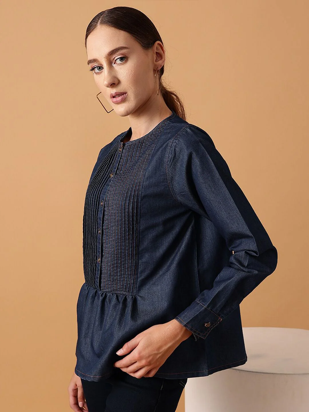 STREET 9 Pleated Round Neck Pure Cotton Denim Regular Top - Image 3