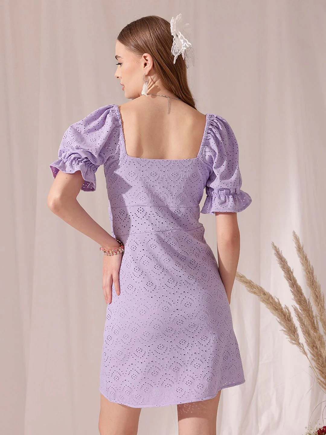 STREET 9 Pure Cotton Sweetheart Neck Puff Sleeve Above Knee Sheath Dress - Image 5