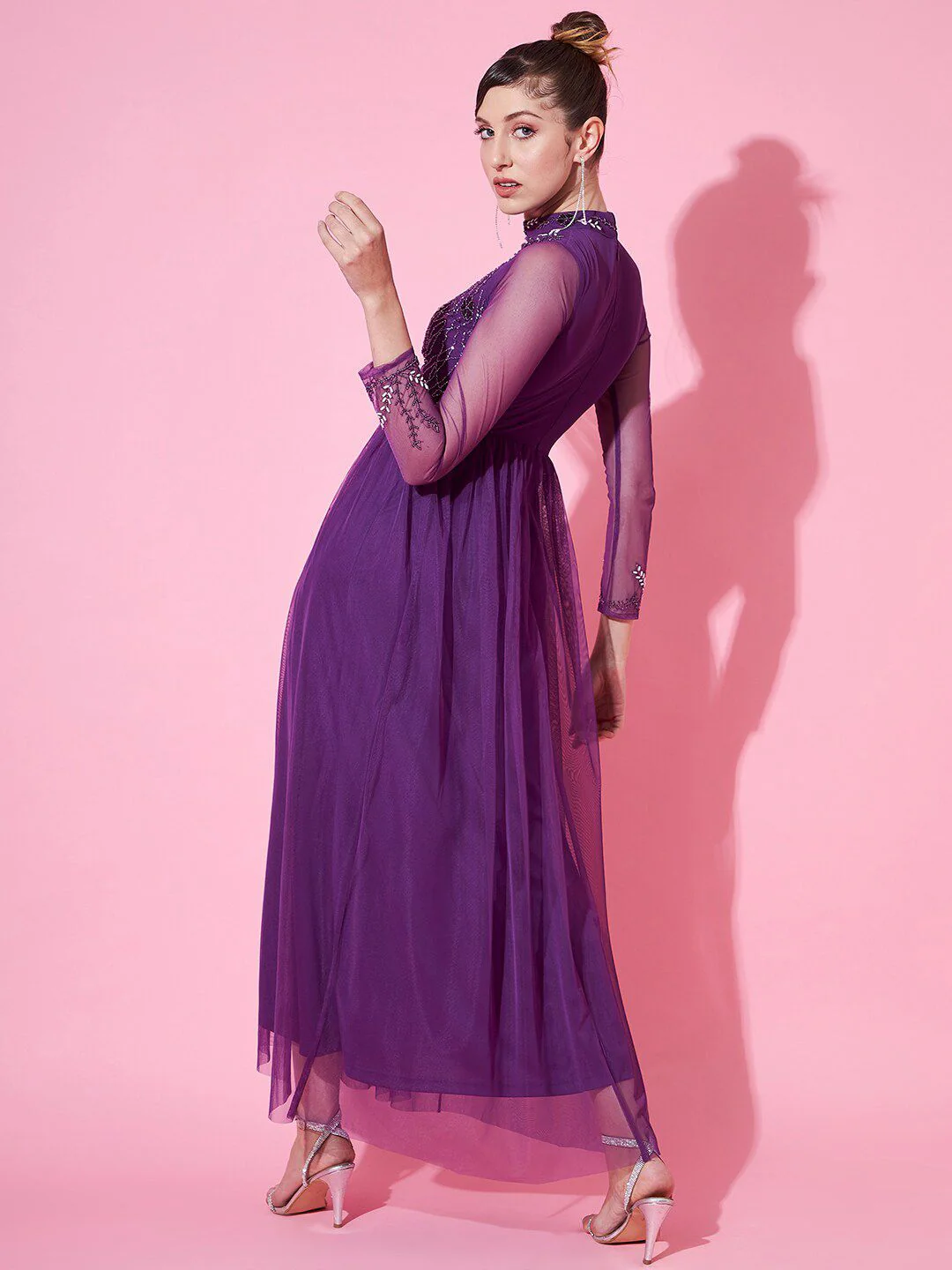 STREET 9 Purple Embellished Net Maxi Maxi Dress - Image 5