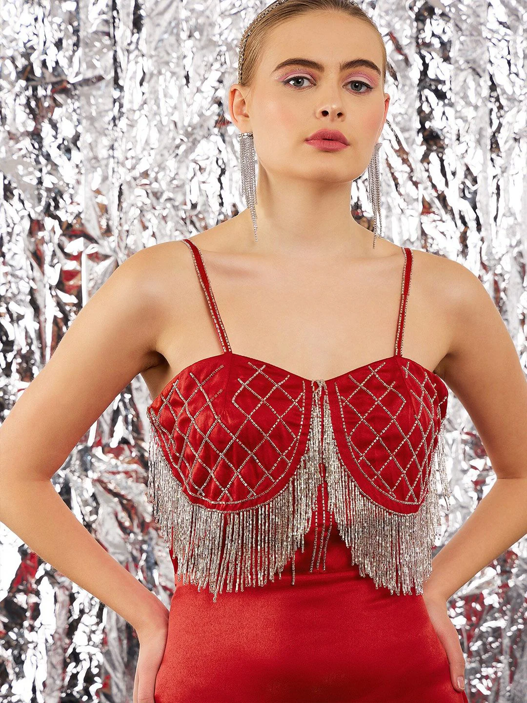 STREET 9 Red Embellished Shoulder Straps Satin Bodycon Dress - Image 2