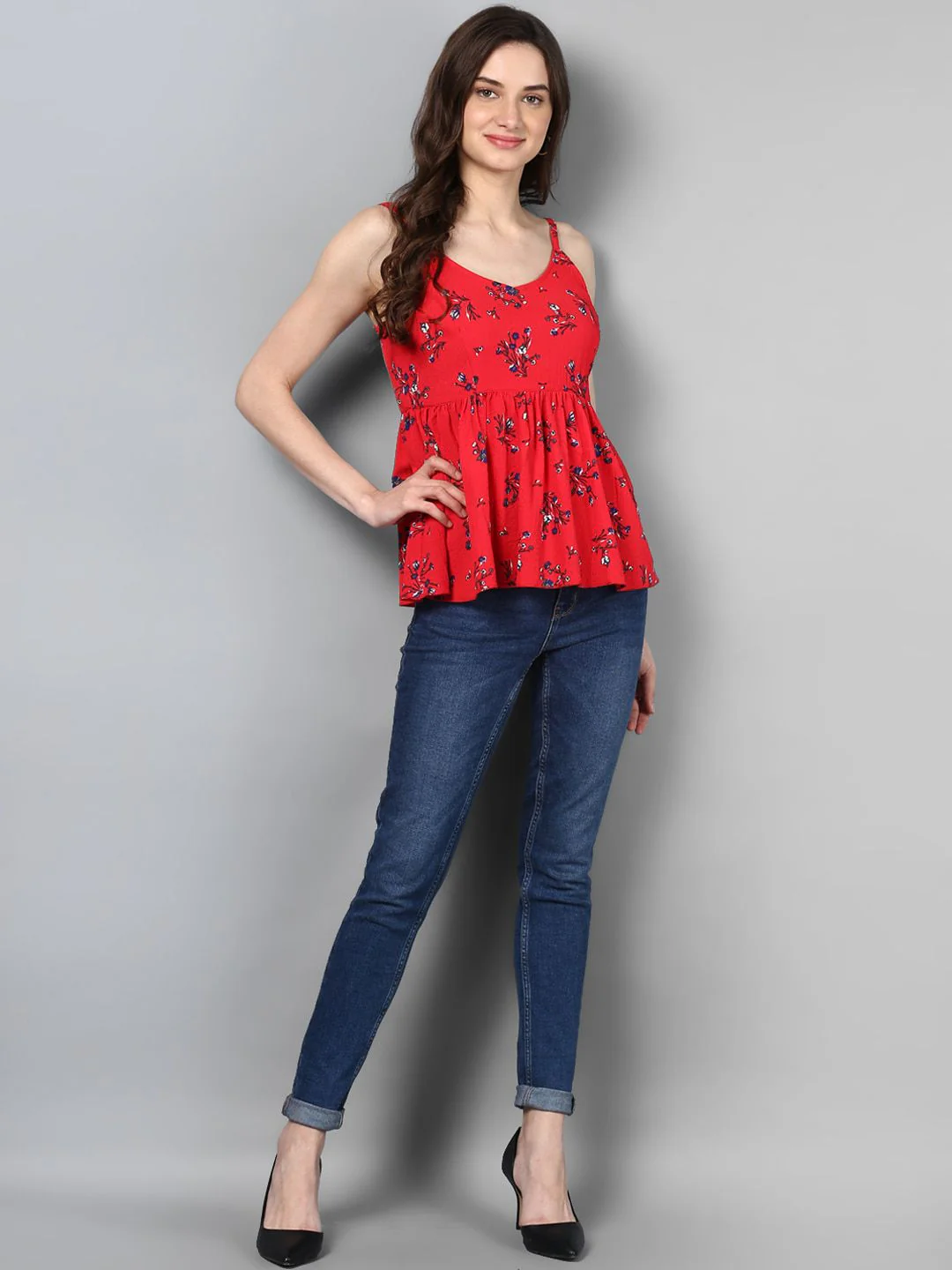 STREET 9 Red Floral Cinched Waist Ruffled Top - Image 5