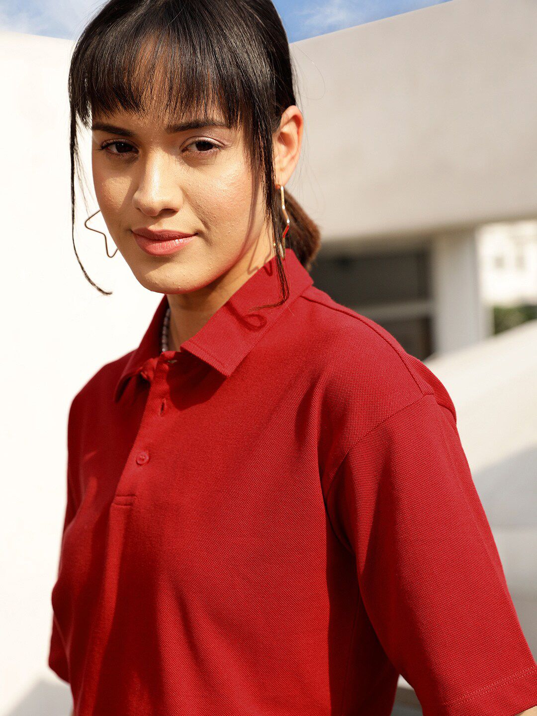STREET 9 Red Polo Collar Drop Shoulder Sleeves Crop Pure Cotton Oversized T-shirt - Image 7