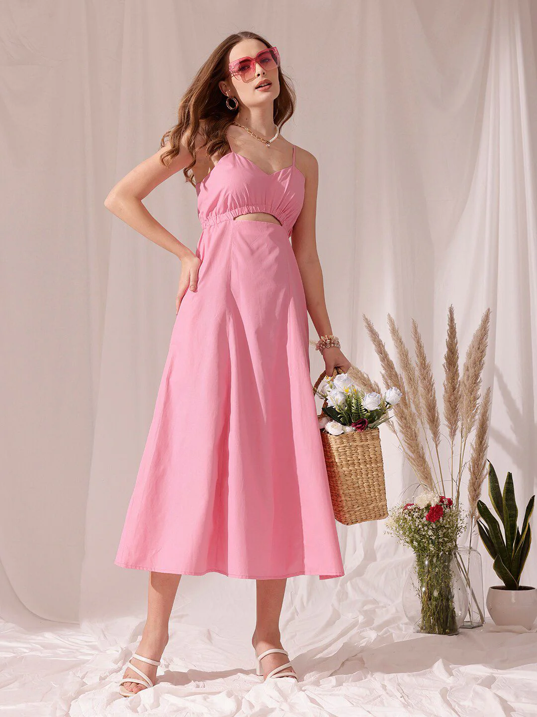 STREET 9 Shoulder Strap Cut Out Pure Cotton Fit & Flare Midi Dress - Image 4