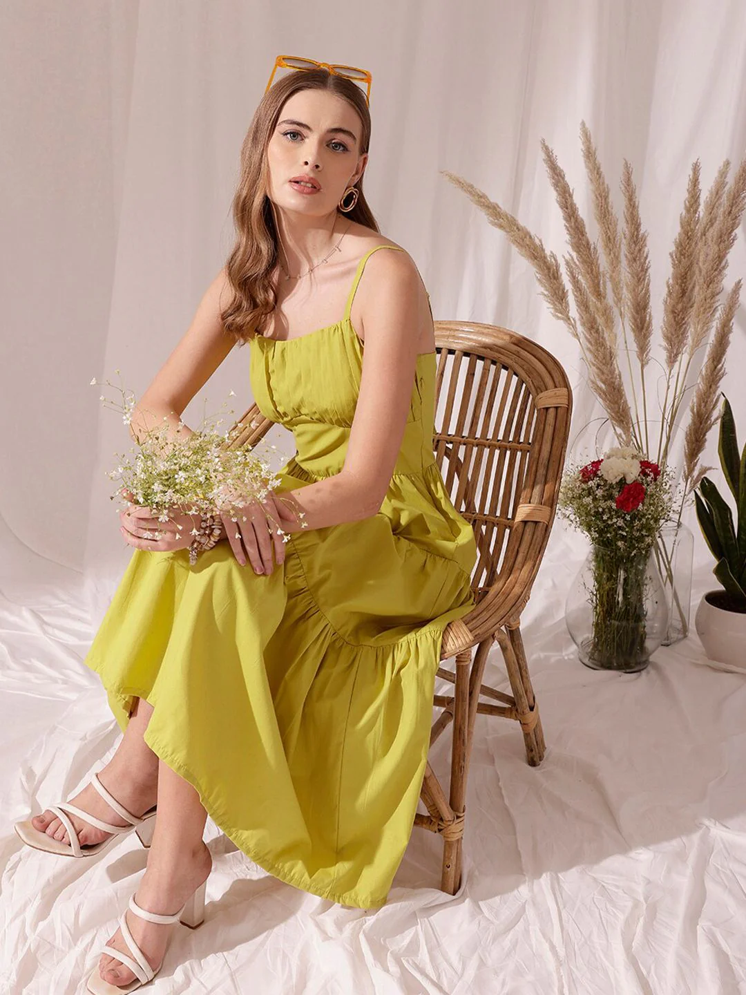 STREET 9 Shoulder Strap Pleated Pure Cotton A-Line Tiered Midi Dress - Image 6