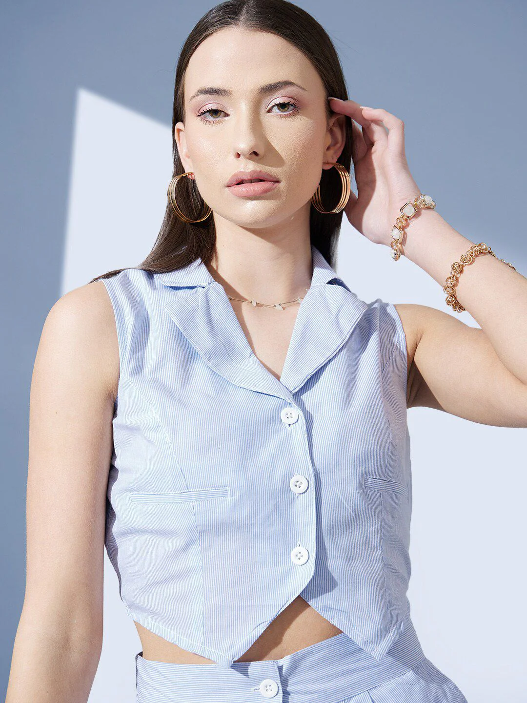 STREET 9 Striped Shirt Collar Pure Cotton Coat & Mid-Rise Shorts - Image 8