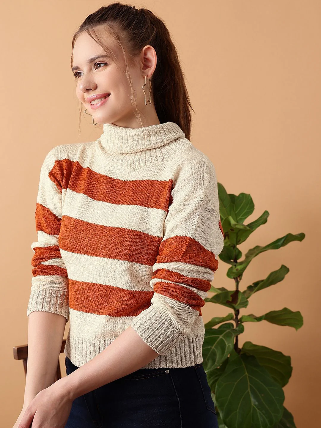 STREET 9 Striped Turtle Neck Crop Acrylic Pullover Sweater - Image 3