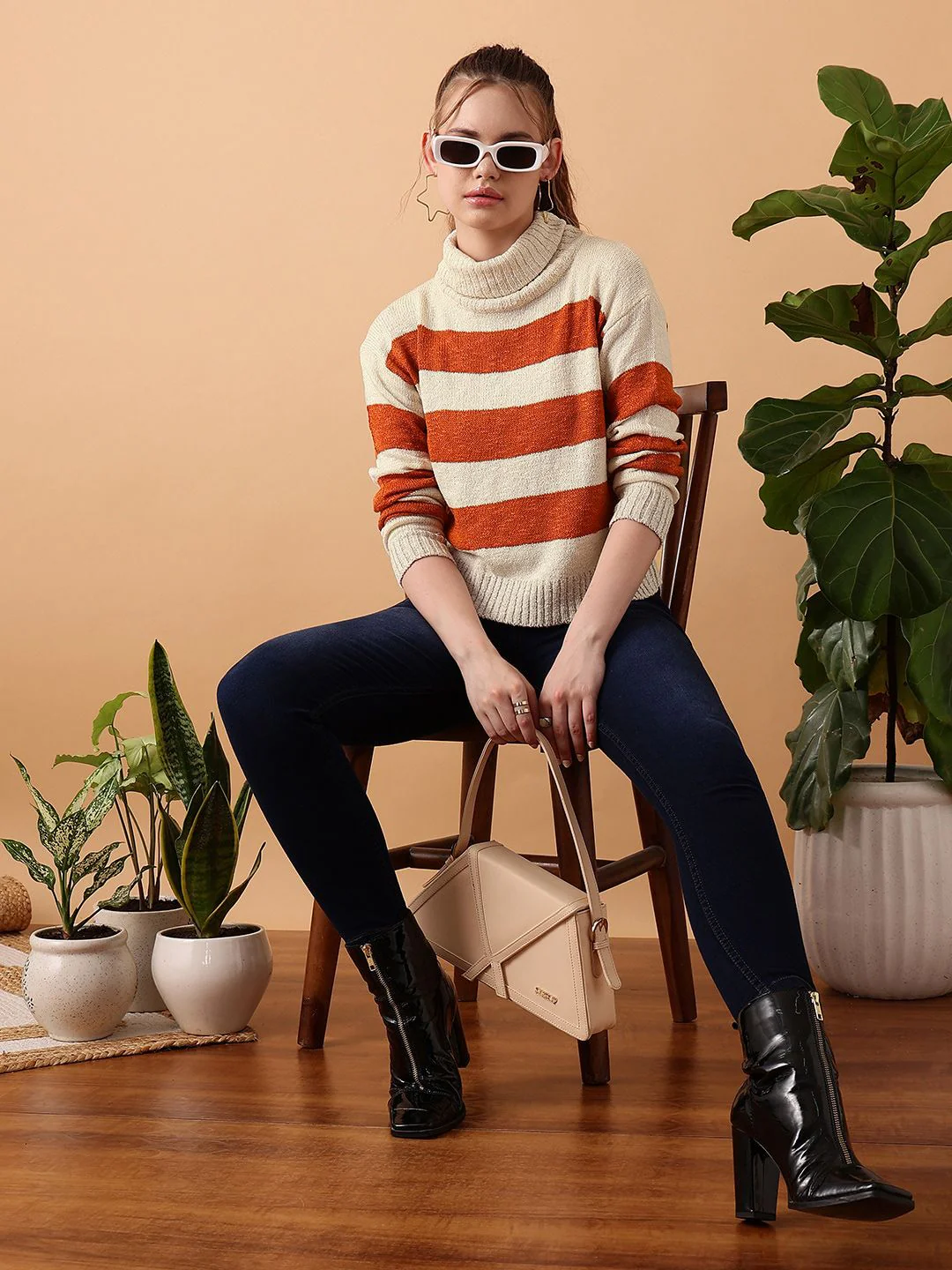STREET 9 Striped Turtle Neck Crop Acrylic Pullover Sweater - Image 4
