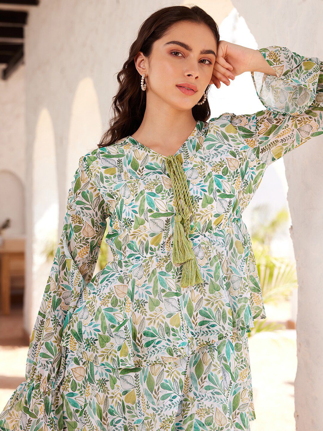 STREET 9 Tropical Printed Puffed Sleeves Layered Georgette A-Line Maxi Dress - Image 2