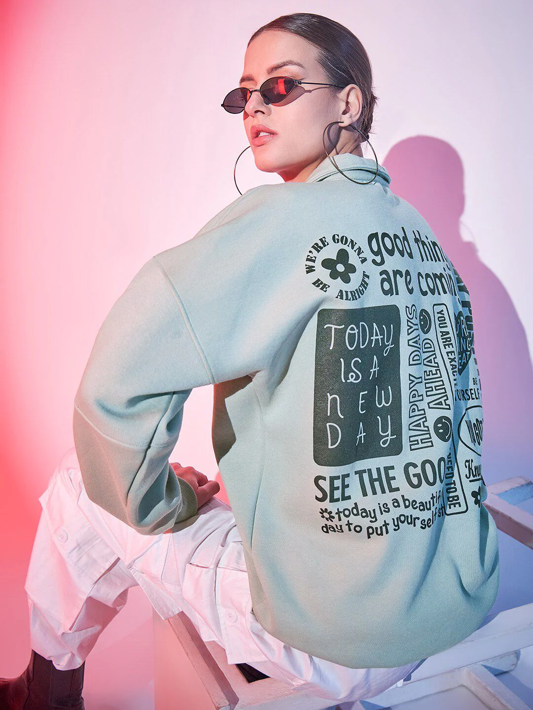 STREET 9 Typography Printed Mock Collar Half Zipper Fleece & Cotton Pullover Sweatshirt - Image 4