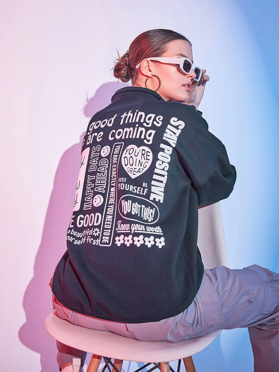 STREET 9 Typography Printed Mock Collar Half Zipper Fleece & Cotton Pullover Sweatshirt - Image 6