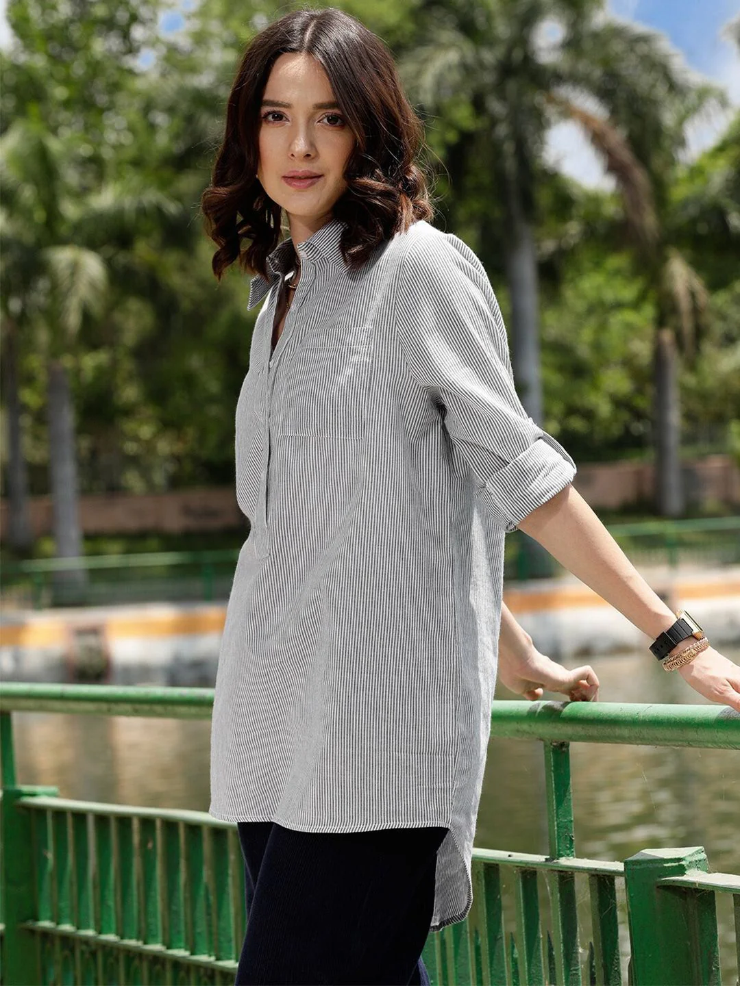 STREET 9 Comfort Vertical Striped Drop Shoulder Sleeves Boxy Pure Cotton Casual Shirt - Image 5