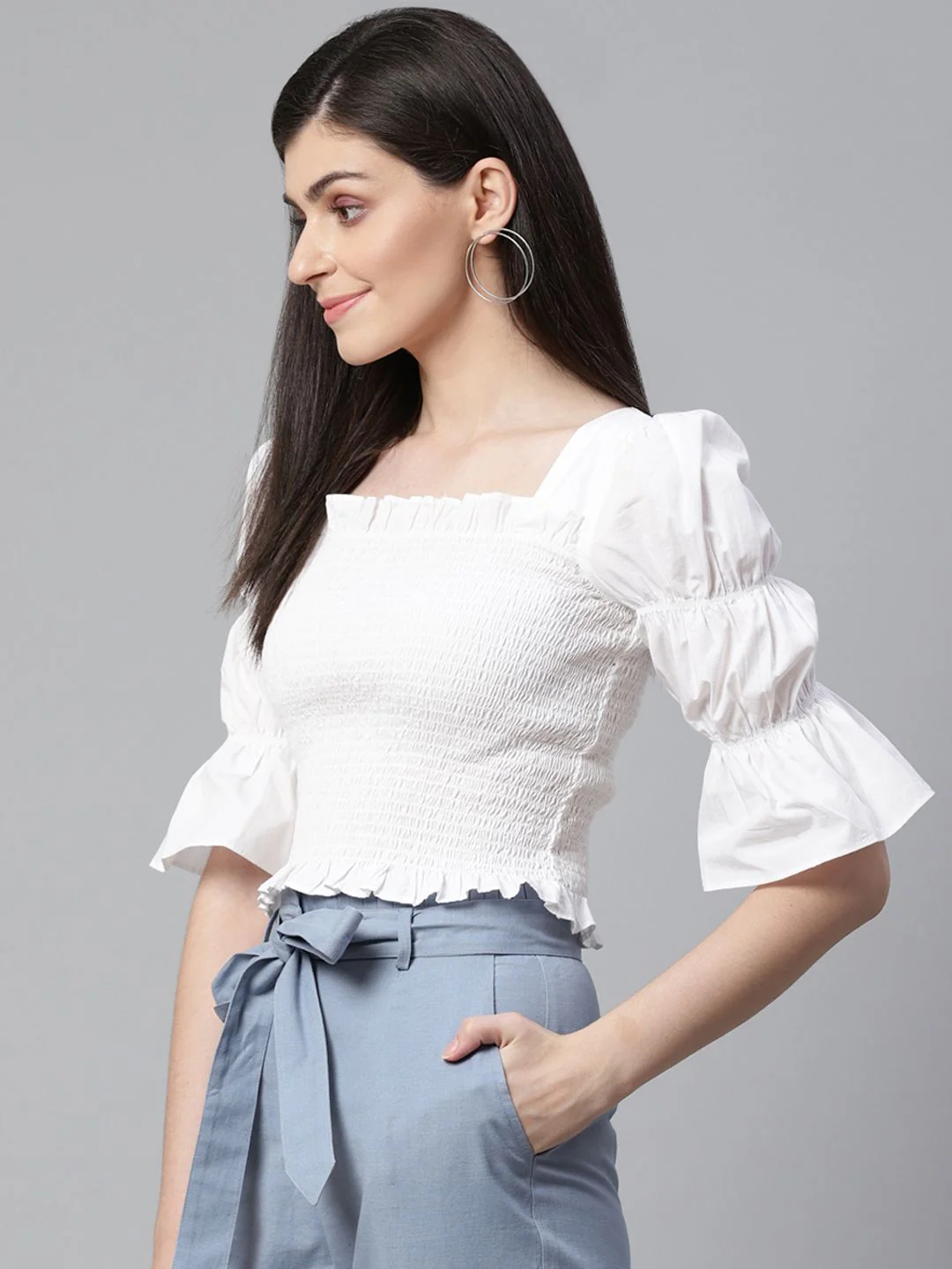 STREET 9 White Smocked Fitted Pure Cotton Top - Image 3