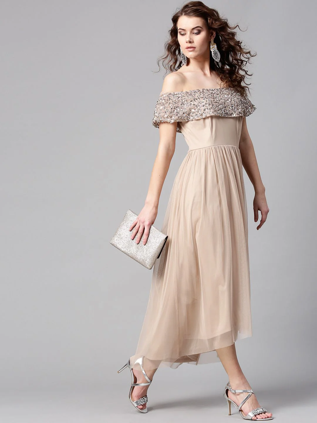 STREET 9 Women Beige Solid Net Off-Shoulder Maxi Dress
