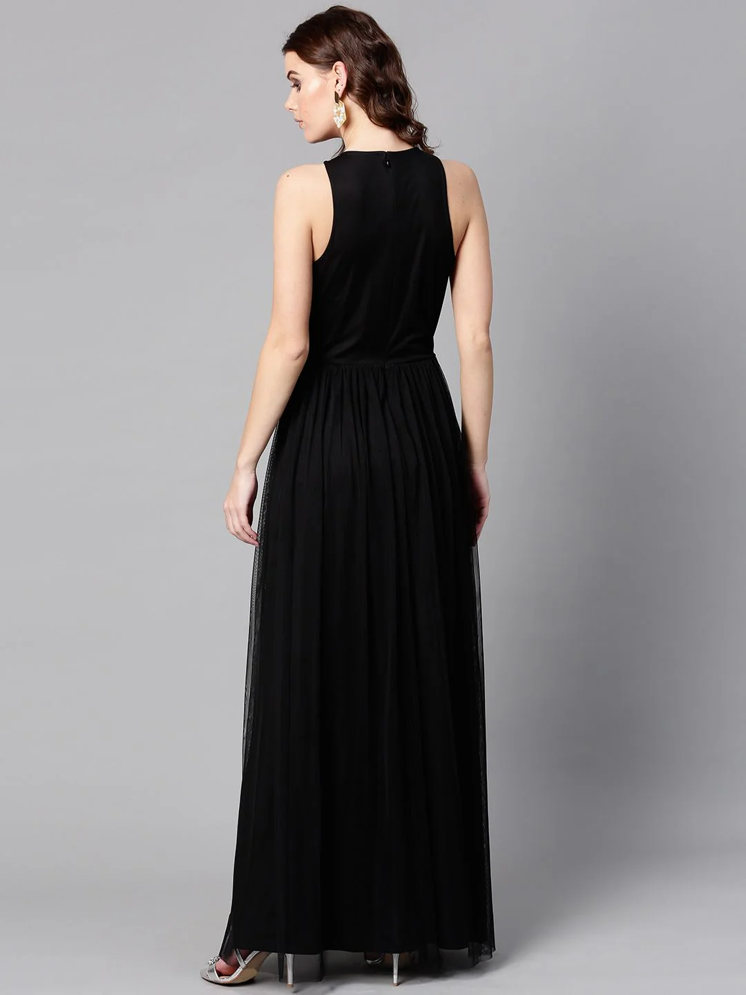 STREET 9 Women Black Net Embellished Detail Maxi Dress - Image 5